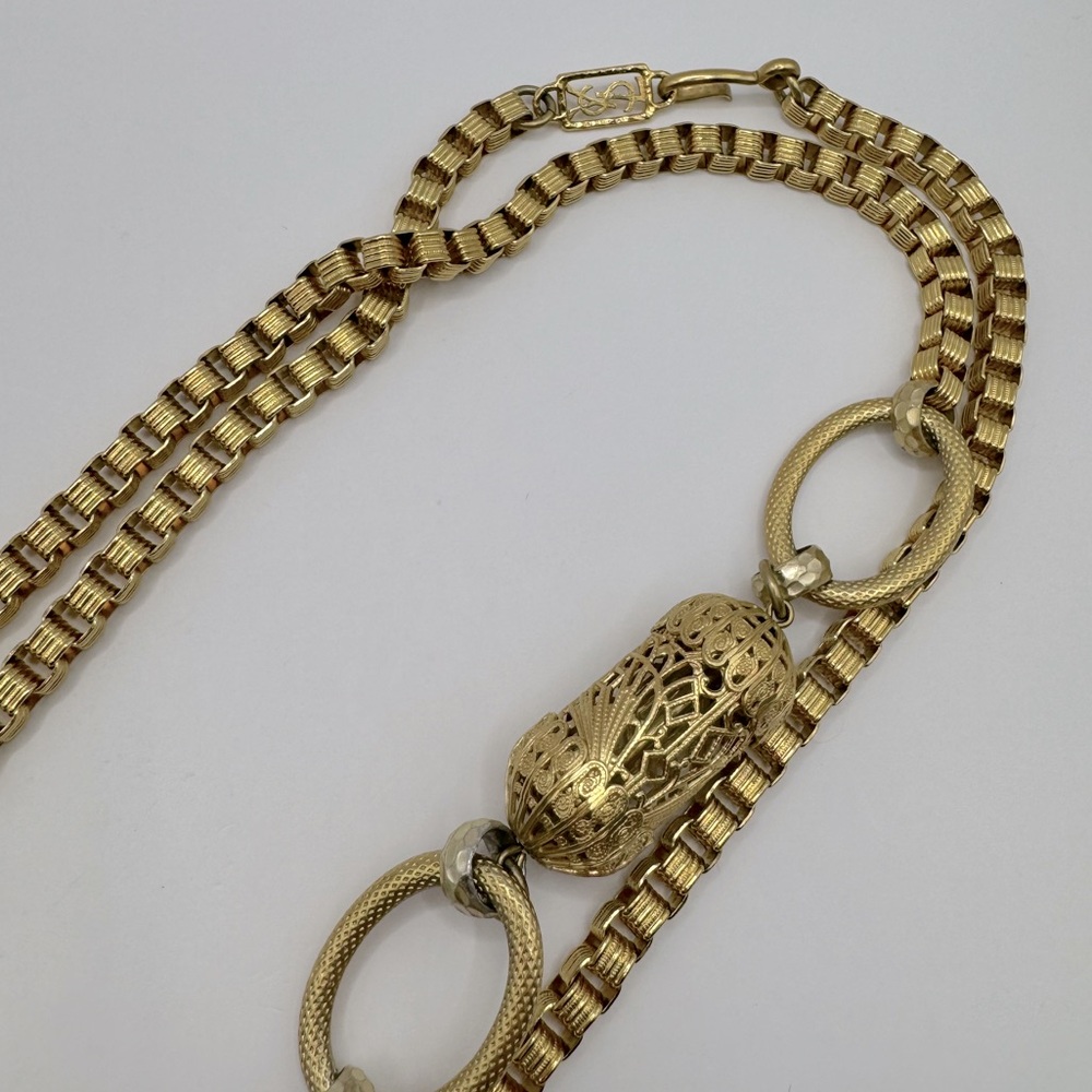 YSL Vintage Long Box Chain Filigree Barrel Necklace - Picture 10 of 13